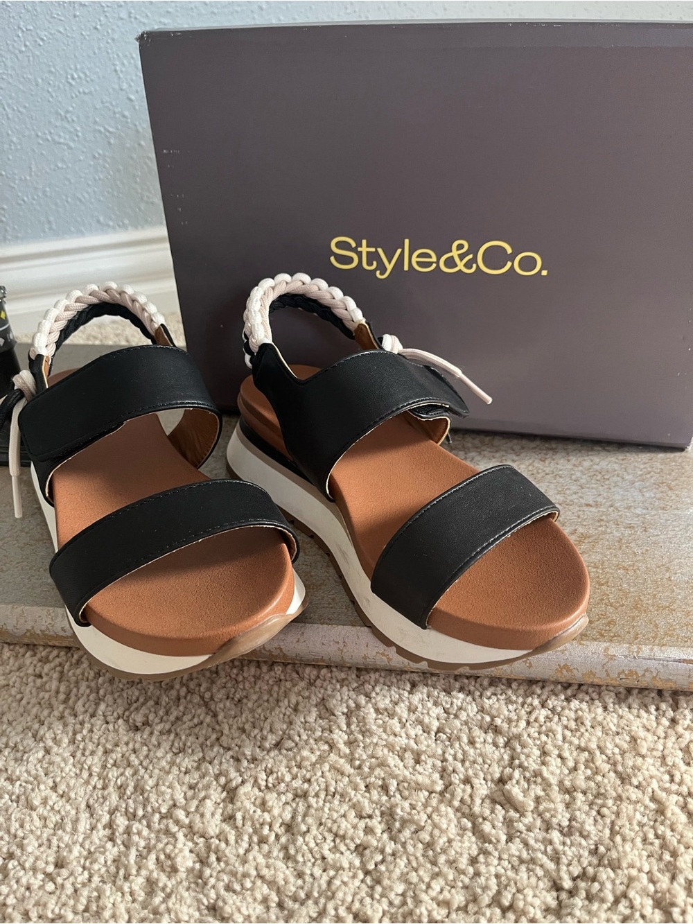 Style & Co. Black Platform Braided-Strap Sandals